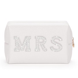 Etercycle MRS Letter Cosmetic Bag, Bridal Shower Gifts Small PU Waterproof Makeup Bag, Bling Pearl Rhinestone Patches Travel Organizer for Engagement Bachelorette Party (Silver)
