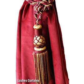 1 Luxury Handmade Gold & Burgundy Color Single Tassel Rope Tie Back Window Treatment Curtain Drapery Vintage Look 2 Spread Cord Holdback Decor Tieback/Pull Back