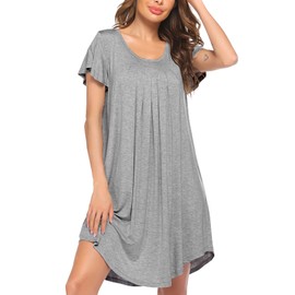 Ekouaer Womens Nightgown Soft Sleepwear Pleated Sleepshirt Sleep Dress Short Sleeve Nightdress Grey L