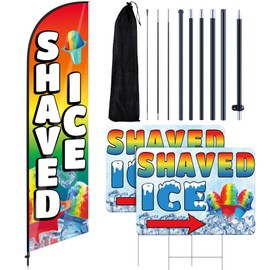 Remagr 3 Pcs Ice Cream or Shaved Ice Signs Include 1 Feather Flag Kit 11 ft Swooper Flag Banner with Pole and Ground Stake 2 Yard Signs with Metal Stakes for Business Advertising Outside (Shaved Ice)