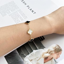 INDARIDO 18K Gold Plated Bracelet White & Black Clover Bracelet for Women Four Leaf Lucky Bracelets Jewelry Gifts for Women Cute Bracelets Jewelry Gifts Trendy