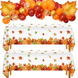 2 Pcs Thanksgiving Fall Tablecloth Disposable Maple Leaf Table Clothes with 37 Pcs Fall Autumn Balloons Orange Gold Coffee Balloons Maple Leaves Foil Balloons for Fall Party Decorations Supplies