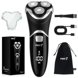 MAX-T Men's Electric Shaver - Corded and Cordless Rechargeable 3D Rotary Shaver Razor for Men with Pop-up Sideburn Trimmer Wet and Dry Painless 100-240V Black (Metal Black)