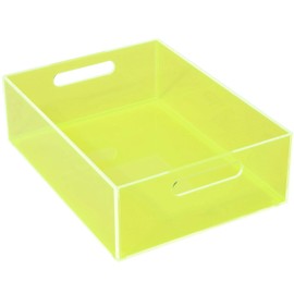 Large Acrylic Storage Bin Pantry Storage Container for Organizing with Handles Kitchen Organizer Bin for Organization of Fridge Cabinet Cupboard, Heavy Duty, 15.4 x 11.4 x 5.5 Inch, Neon Green