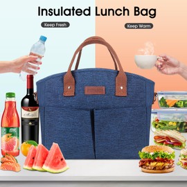 DYNASCO Lunch Bag for Women, Insulated Lunch Box for Men Women with Shoulder Strap and Side Pockets, Portable Large Cooler Bag Lunch Tote Bags for Office Work Picnic Beach Shopping - Blue