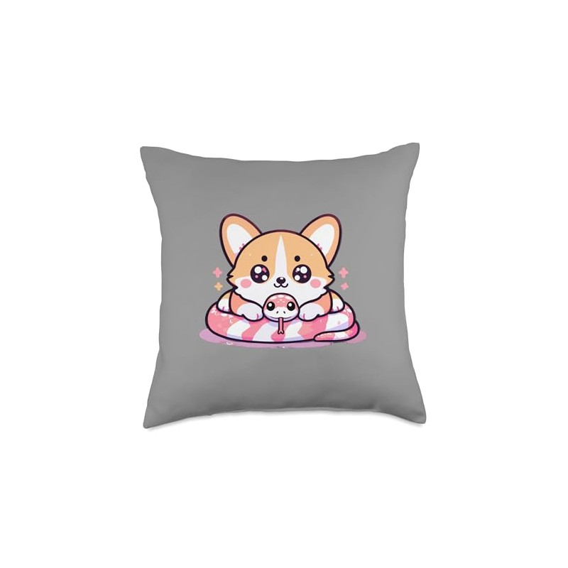 Funny Japanese Corgi Snake Kawaii Art Throw Pillow