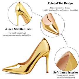 Elisabet Tang Women's High Heels Pumps Closed Pointed Toe Stiletto 4inch Heels Classic Office Special Dressy Wedding Pump Shoes Gold 7.5