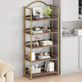 No-Assembly Gold Folding Bookshelf Storage Shelves 5 Tiers Vintage Multifunctional Plant Flower Stand Storage Rack Shelves Bookcase for Home Office