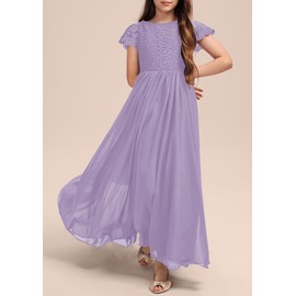 HOSIKA Girls Vintage Floral Lace Chiffon Pleated Maxi First Communion Family Party Dress for Kids 6-12 Years Light Purple