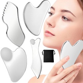 Gua Sha, Gua Sha Facial de Acero Inoxidable, Herramienta para Masaje con Bolsa de Viaje