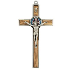 Saint Benedict Medal Wall Crucifix | Patron Saint of Students and Europe | Catholic Home Décor | Great Gift for Baptism, First Holy Communion, and Confirmation (Silver-Tone with Color Medal)