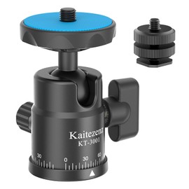 Kaitezenz Mini Ball Head, Panoramic Camera Tripod Head with 1/4" Screw and Dual Hot Shoe Mount, 360 Rotatable Metal Adapter for DSLR Camera Tripods Monopods Camcorder Light Microphone, Max Load 5.5lbs