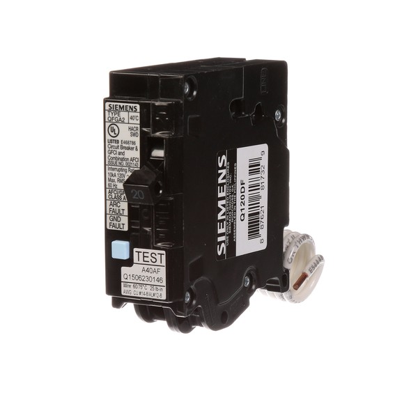 Siemens Q120DF 20-Amp Afci/Gfci Dual Function Circuit Breaker, Plug on Load Center Style, Black