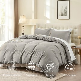 QKTE French Linen Duvet Cover Set, 3 PCS Natural French Flax Light Grey Duvet Cover Queen Size, Breathable Soft Comfy Linen Bedding Comforter Cover with 2 Pillowcases(Light Grey, 88" x 92")