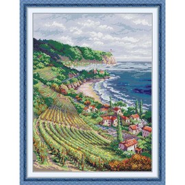 CROSSDECOR Stamped Cross Stitch Kits Full Range of DIY Needlepoint for Adult Beginners Pattern, for Gift and Home Decor 14CT 2 Strands Blue Coastline,14.57×18.9 inch