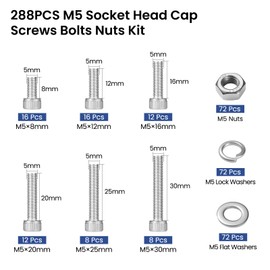 BNUOK 288 PCS M5 Screws Assortment Kit, 304 Stainless Steel M5 Bolts Kit, M5x 8/12/16/20/25/30mm, Hex Socket Head Cap Screws Bolts Nuts Washers Set