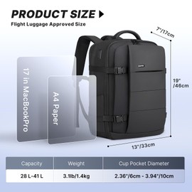 DEVPNR Travel Laptop Backpack for Men Women, 41L Expandable Backpack with USB Charging Port, Airline Approved Carry on Backpack, 17.3 Inch Laptop Backpack for Trip Bussiness College (Classic Black)