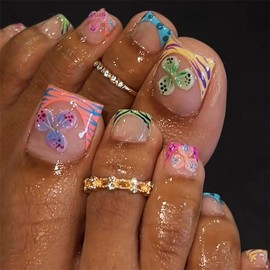 30pcs Square Wearable Nail Tips, Glossy French Style Flower Petal Design, Summer Color Print Short Nails, Includes Jelly Glue & File, Nail Art Design