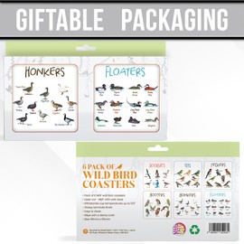 6 Wild Bird Drinks Coasters Funny Pun Tea Coffee Coasters MDF with Non Slip Cork Backing In Gift Box Present