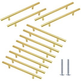 Cjueiom 12 Pack Gold Cupboard Handles - 128mm Hole Center, T Bar, Stainless Steel Drawer & Wardrobe Door Handles, 200mm Length Kitchen Cabinet Pulls