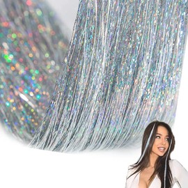 47 Inch Hair Tinsel 220 Silver Sparkling Highlights Synthetic Hair Streak BlingHighlights Glitter Extensions (silver)