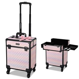 BYOOTIQUE Rolling Makeup Train Case Aluminum Cosmetic Case Portable Makeup Organizer Suitcase with Removable Wheels Cosmetic Trolley Organizer Salon Makeup Artist Nail Tech,Blush ForgetMeNot