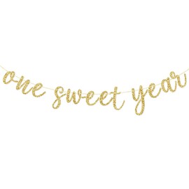 One Sweet Year Banner, First Birthday Anniversary Party Decorations Supplies for Boys Girls, Sweet One Bunting Sign, 1st Bday Baby Shower Hanging Ornament, Pre-strung, Photo Props, Gold Glitter