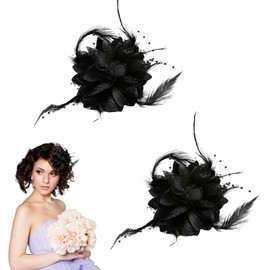 2 Pcs Black Fascinator Clip, Feather Flower Hair Clip, Floral Hats Clip Flower Fascinator Corsage Hair for Women Birthday, Prom, Hen Party & Formal Events, Vintage Corsage Hairpins for Bride