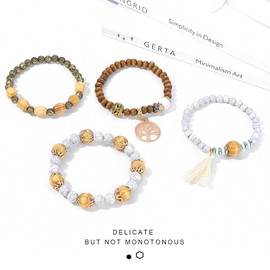 Chaioe Bohemian Layered Bead Bracelet Stretch Tassel Bracelets Set Tree of Life Charm Statement Bangle Jewelry for Women and Girls