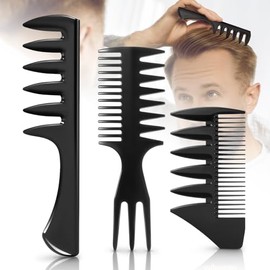 Juego de 3 peines de peinado para hombres - Peine de barbero negro de dientes anchos con textura para Quiff, Pompadour, Slicked-back, Fauxhawk, Underc