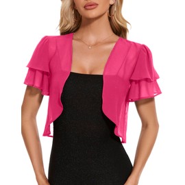 HANERDUN Women's Chiffon Bolero Summer Elegant 3/4 Sleeve Shrug Festive Bolero Jacket Open Fron Cardigan Lightweight Shoulder Jacket, rose