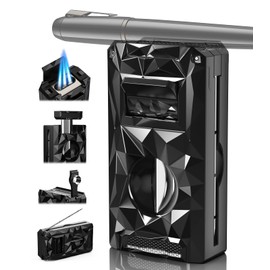 5-in-1 Windproof Lighter with V Cutter, Punch, Draw Enhancer Tool, Holder, Triple Jet Flames, Butane Torch Lighter, Versatile Accessories for Travel, Candle, Lighter Gifts for Men (Without Butane)