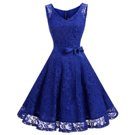 Dressystar 0010 Women Floral Lace Bridesmaid Party Dress Short Prom Dress V Neck Royal Blue XS
