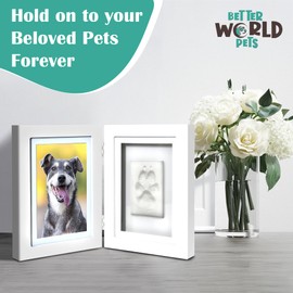 Better World Pets Paw Print + Photo Keepsake Frame Holds 4 x 6 inch or 5 x 7 Picture – Memorial Clay Imprint Kit – for Dogs and Cats – Perfect for Pet Lovers – Hinged for Desktop, White