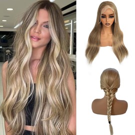 Belaved Highlight Lace Front Wigs Human Hair 13x6 Straight HD Transparent Lace Front Wig Ombre Ash Brown to Blonde Glueless Lace Frontal Wig for Women 180% Density Pre Plucked with Baby Hair 16 Inch