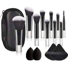 15 Piezas Brochas para Maquillaje con 10 Brochas, 2 Esponjas, 2 Borlas para Polvos y Bolsa, Set de Brochas para Maquillaje Multiusos es Ideal Tanto para Viajar Como para el Uso Diario (Negro)