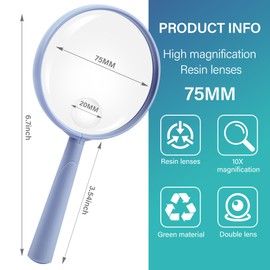 Feosky Handheld Reading Magnifier, 10X Magnifier, 75mm Shatterproof Lens, Adults Close Work Non-Slip Handle for Seniors Reading and Nature Exploration(Light Blue)