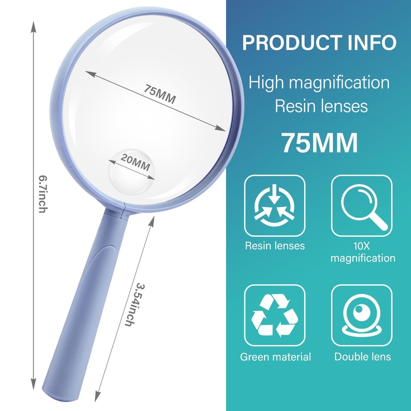 Feosky Handheld Reading Magnifier, 10X Magnifier, 75mm Shatterproof Lens, Adults