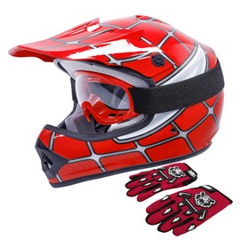 TCT-MOTORPARTS Red Spider DOT Kids Youth Motocross Helmets ATV Off-Road Dirt Bike Motorcycle Full Face Helmet+Gloves+Goggles Medium