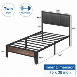 LUSIMO Twin Size Bed Frame with Headboard and Storage Fabric Upholstered Headboard 12 Inch Heavy Duty Metal Platform Bed with Underbed Storage Space Steel Slat Support Anti-Slip Easy Assembly, Grey