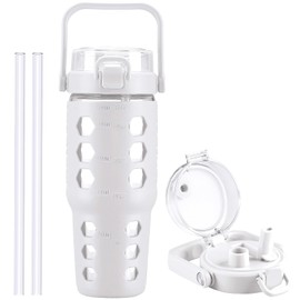 MUKOKO 32 oz Glass Tumbler with Straw,Glass Water Bottles with Time Marker,Iced Coffee Cup with Silicone Sleeve,Motivational Drinking Bottles,Leakproof-White