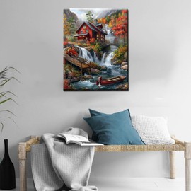 Native American Waterfall Paint by Numbers Kits 16x20 inch Canvas Red Wooden House DIY Oil Painting for Kids, Adults Beginner River with Boat Paintwork with Brushes Home Decor Boho Gift(Frameless)