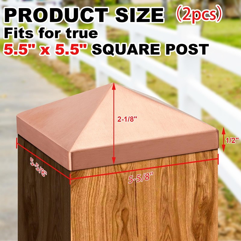 Blulu 2 Pcs 6''x6'' (Actual 5.5''x5.5'') Solid Copper Pyramid Post