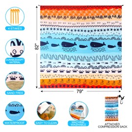emotheme Beach Blanket, Sandproof Beach Mat 79" X 82" for 4-7 Adults, Large Waterproof Beach Blanket Quick Drying Lightweight Beach Blanket with 4 Stakes for Travel Camping Hiking (Sea World)