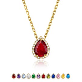 KeyStyle Women's Birthstone Teardrop Crystal Pendant Necklaces, July Synthetic Ruby Gold Charm Anniversary Jewelry for Her, Birthday Jewelry for Wife Mother