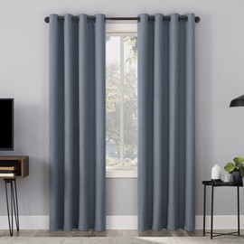 Sun Zero Channing Grid Texture Draft Shield Fleece Insulated Total Blackout Grommet Curtain Panel, 50" x 96", Blue