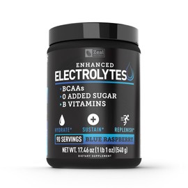 Zeal Naturals Enhanced Electrolyte Powder (Blue Raspberry | 90ct.) w/ 0 Sugar +BCAAs +B-Vitamins Electrolyte Supplement w Potassium Zinc & Magnesium for Hydration - Keto Electrolytes
