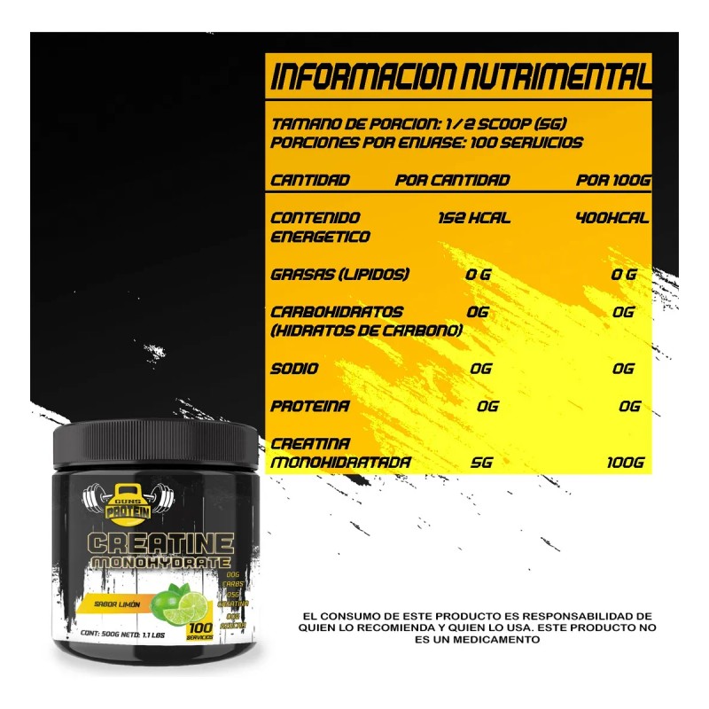 Creatina Monohidratada 500g En Polvo Guns Varios Sabores Limón
