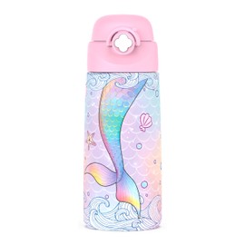 Ntswasd Children's Stainless Steel Drinking Bottle, Straw, Thermos Flask, 500 ml, BPA-Free, Leak-Proof, Thermal Water Bottle for School, Nursery (Mermaid)
