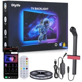 Diyife Tira LED TV con Cámara 4M Recortable, Sensor AR Sincronización Automática de Color y Música, Control por Mando y APP Bluetooth, Ideal para TVs de 55-65 Pulgadas, PCs y Decoración